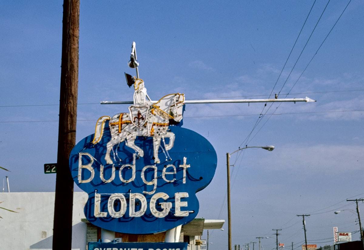 Historic Photo : 1990 Budget Lodge Motel sign, Route 1, Port of Palm Beach, Palm Beach, Florida | Margolies | Roadside America Collection | Vintage Wall Art :