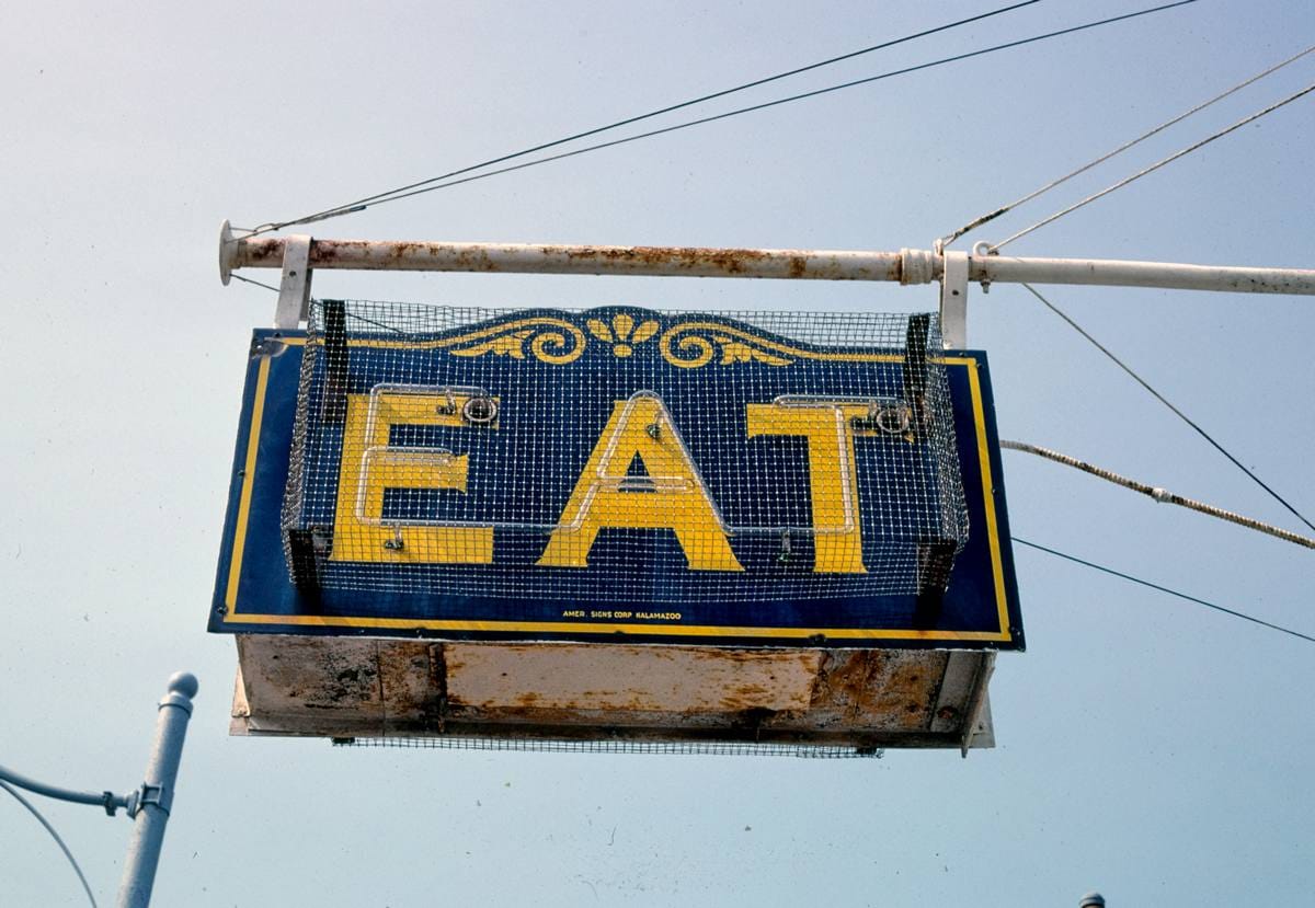 Historic Photo : 1988 Los Compadres Restaurant "EAT" sign, Cherry Street, Toledo, Ohio | Margolies | Roadside America Collection | Vintage Wall Art :