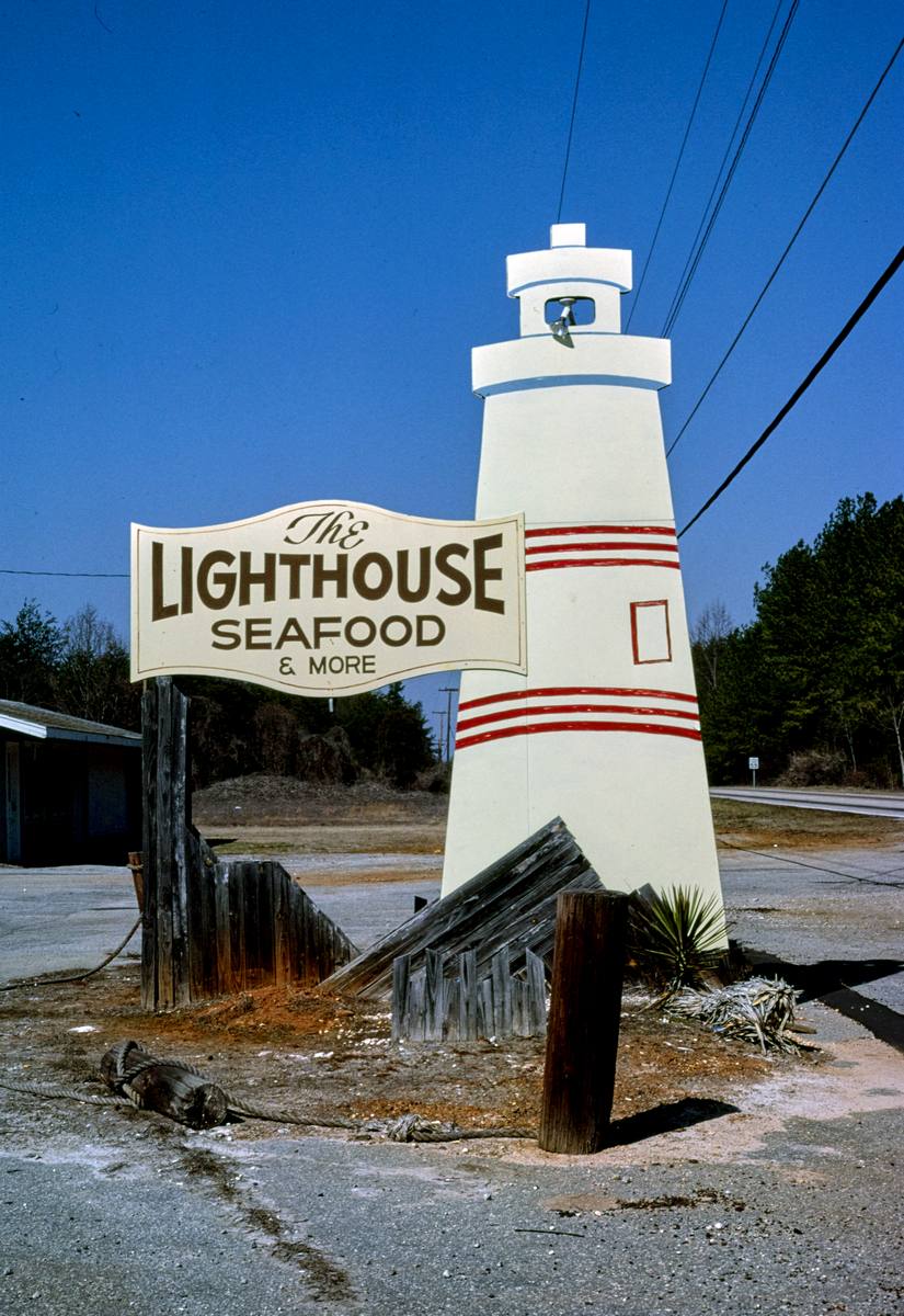 Historic Photo : 1988 The Lighthouse Seafood & More Restaurant sign, Route 176, Pacolet, South Carolina | Margolies | Roadside America Collection | Vintage Wall Art :