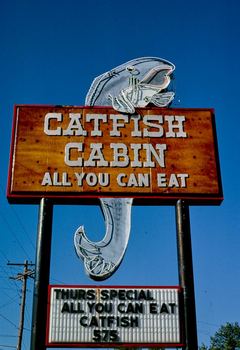 Historic Photo : 1980 Catfish Cabin Restaurant sign, Route 11, Birmingham, Alabama | Margolies | Roadside America Collection | Vintage Wall Art :