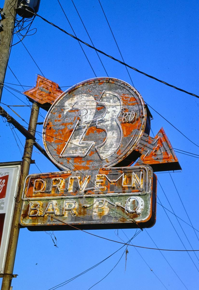 Historic Photo : 1986 23rd Drive-In Bar-B-Q Restaurant sign, Chattanooga, Tennessee | Margolies | Roadside America Collection | Vintage Wall Art :