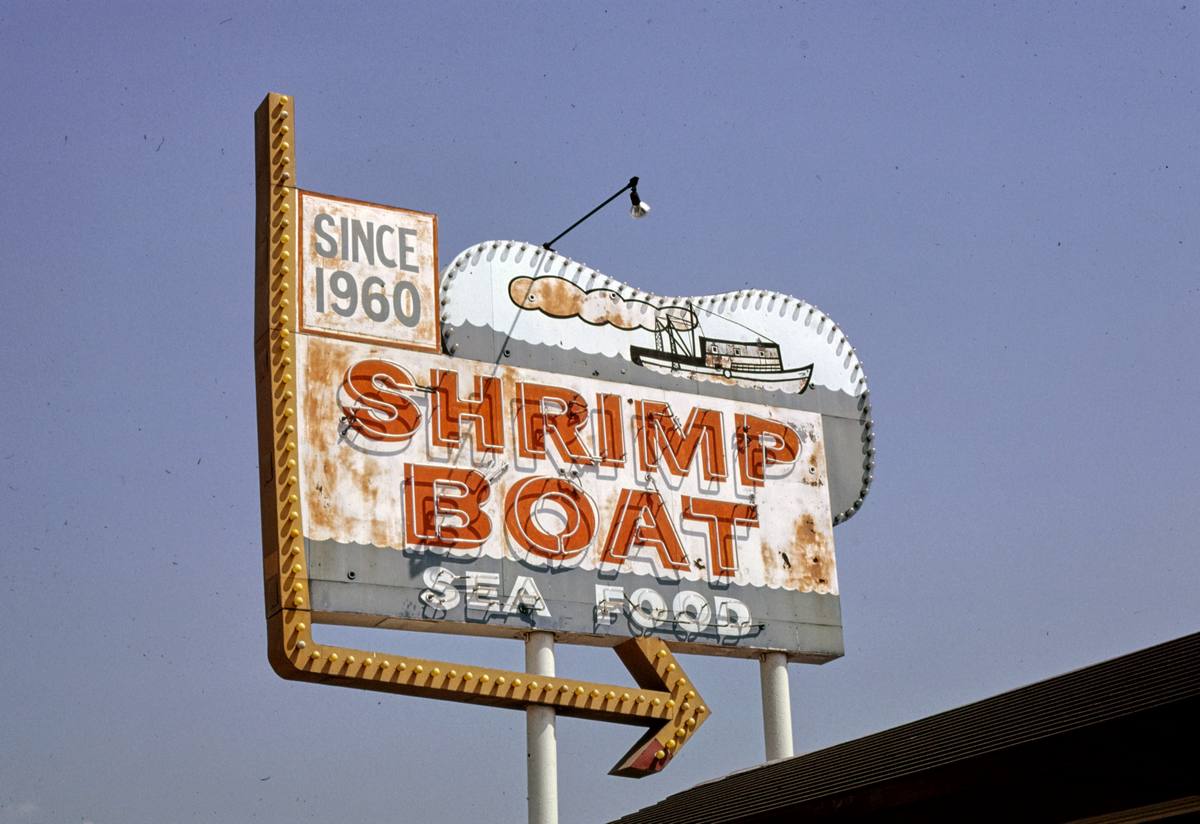 Historic Photo : 1991 Shrimp Boat Restaurant sign, Rosemead Boulevard, Temple City, California | Margolies | Roadside America Collection | Vintage Wall Art :