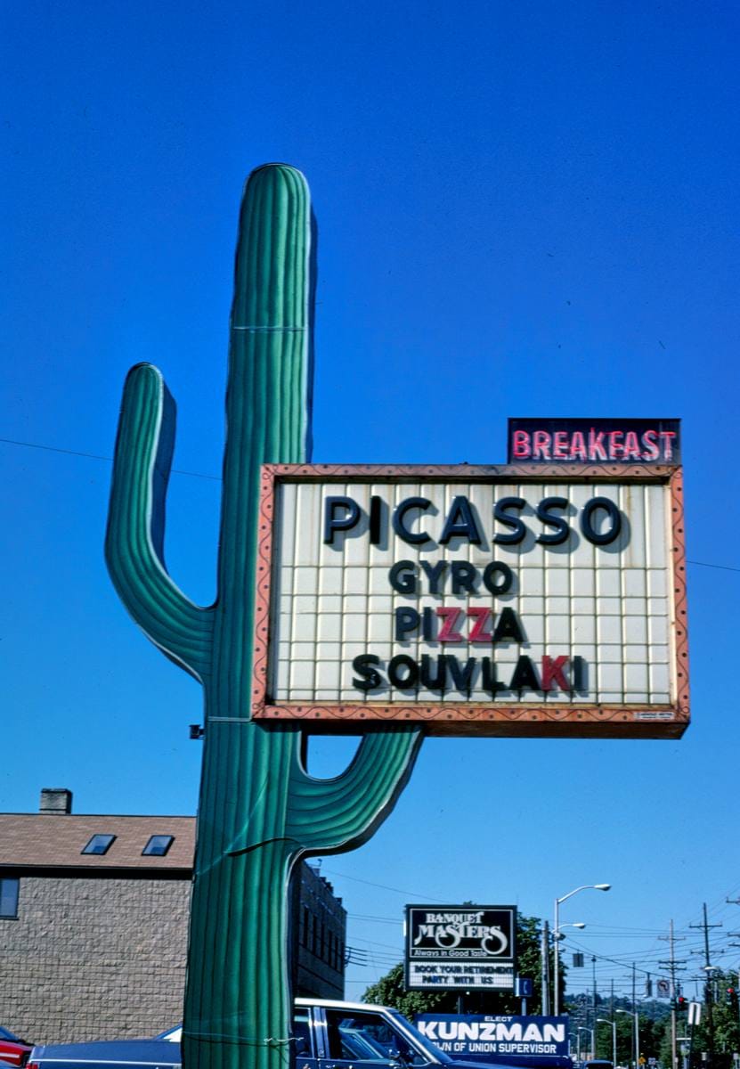Historic Photo : 1988 Picasso Restaurant sign, Route 17C, Endicott, New York | Margolies | Roadside America Collection | Vintage Wall Art :