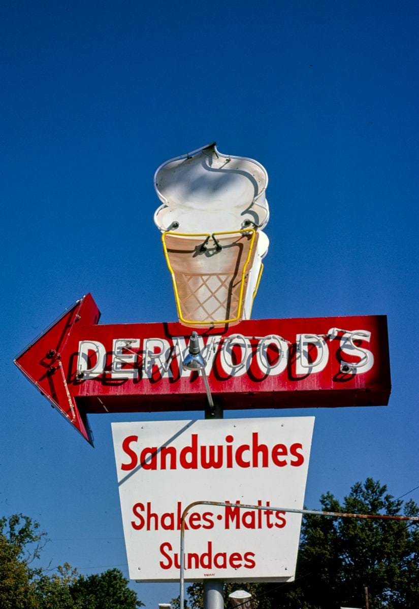 Historic Photo : 1979 Derwood's Drive-In ice cream sign, Cherry Street, Pine Bluff, Arkansas | Margolies | Roadside America Collection | Vintage Wall Art :