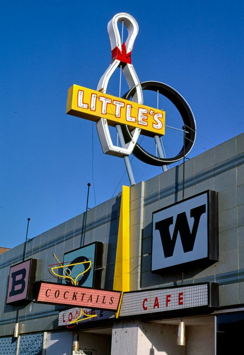 Historic Photo : 1987 Little's Bowling sign, 1st Avenue, North, Great Falls, Montana | Margolies | Roadside America Collection | Vintage Wall Art :