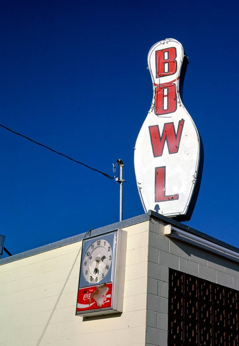 Historic Photo : 1987 Liberty Lanes Bowling sign, Broadway & Russell Street, Missoula, Montana | Margolies | Roadside America Collection | Vintage Wall Art :