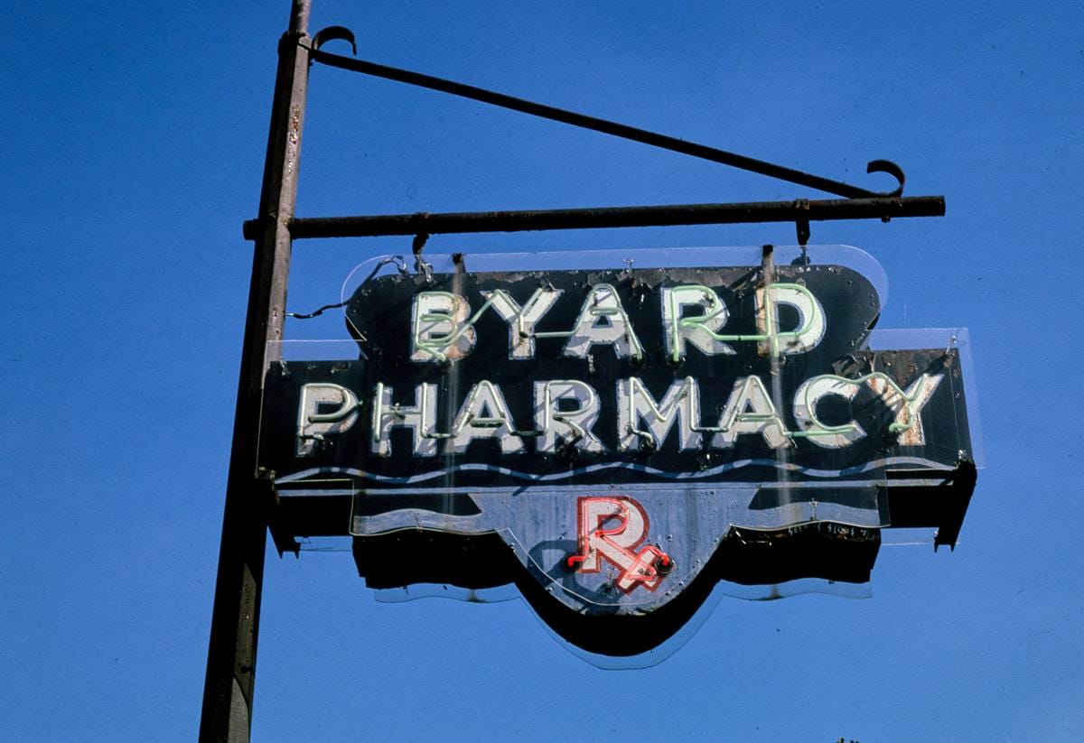 Historic Photo : 1995 Byard Pharmacy sign, Main Street, Clarksburg, West Virginia | Margolies | Roadside America Collection | Vintage Wall Art :