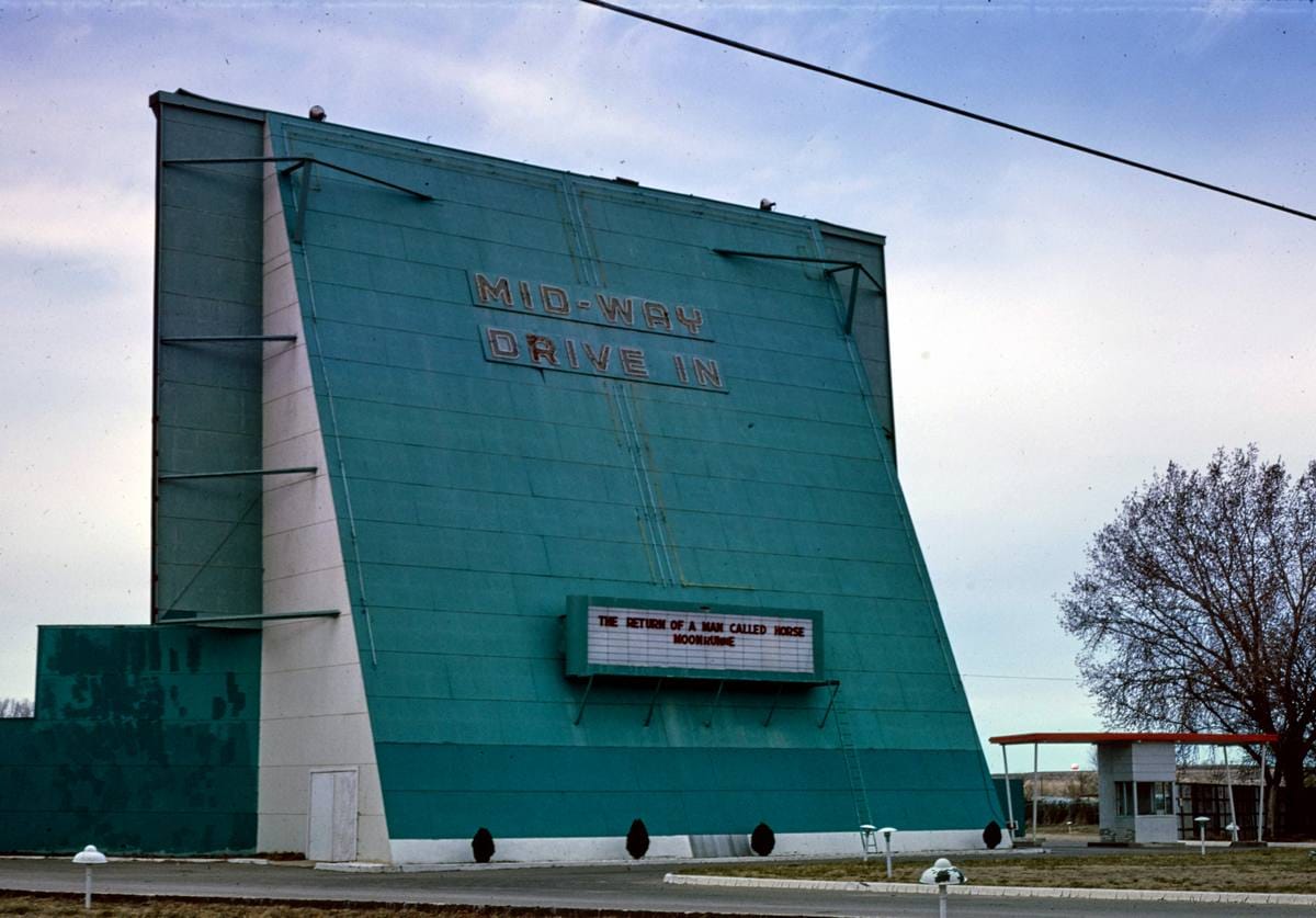 Historic Photo : 1977 Mid-way Drive-in Theater, Route 19, Junction City, Kansas | Margolies | Roadside America Collection | Vintage Wall Art :
