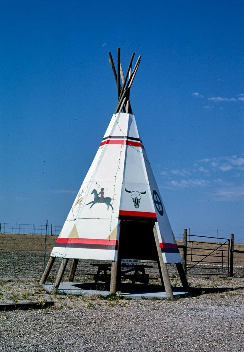 Historic Photo : 1987 Teepee picnic enclosure, Bingo Car/Truck Stop, Kadoka, South Dakota | Margolies | Roadside America Collection | Vintage Wall Art :
