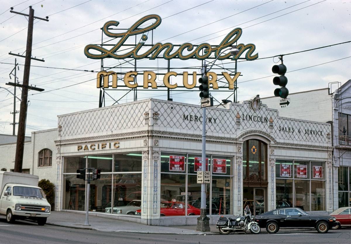 Historic Photo : 1977 McKay Lincoln Mercury, Westlake & Mercer, Seattle, Washington | Margolies | Roadside America Collection | Vintage Wall Art :