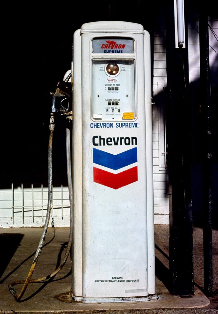 Historic Photo : 1978 Chevron gas pump, Jim Ruth Chevrolet, Home Gardens, California | Margolies | Roadside America Collection | Vintage Wall Art :