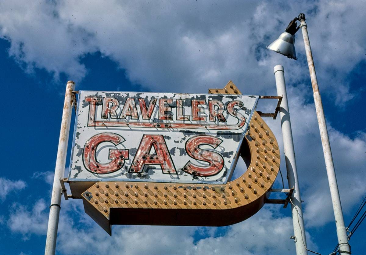 Historic Photo : 1984 Travelers Gas sign, Rt. 28, Bridgewater, Massachusetts | Margolies | Roadside America Collection | Vintage Wall Art :