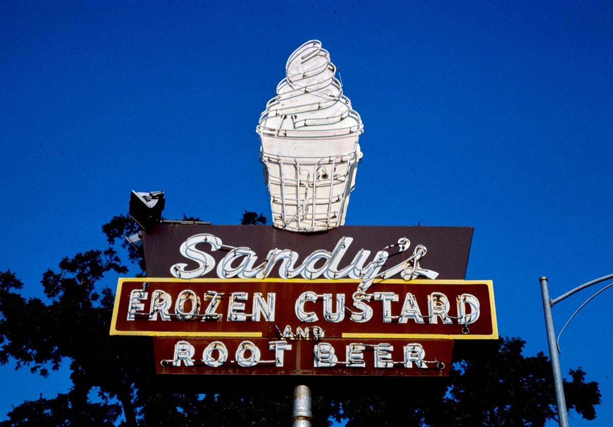 Historic Photo : 1983 Sandy's Frozen Custard ice cream sign, Austin, Texas | Margolies | Roadside America Collection | Vintage Wall Art :