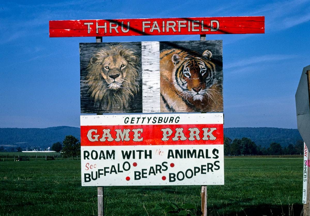 Historic Photo : 1989 Gettysburg Game Park billboard, horizontal, Route 116, Fairfield, Fairfield, Pennsylvania | Photo by: John Margolies |