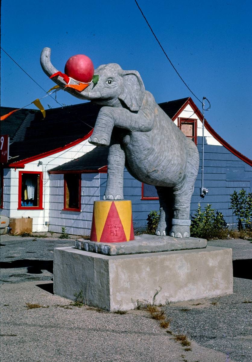 Historic Photo : 1984 India Boutique elephant statue, Route 28, Dennisport, Massachusetts | Margolies | Roadside America Collection | Vintage Wall Art :