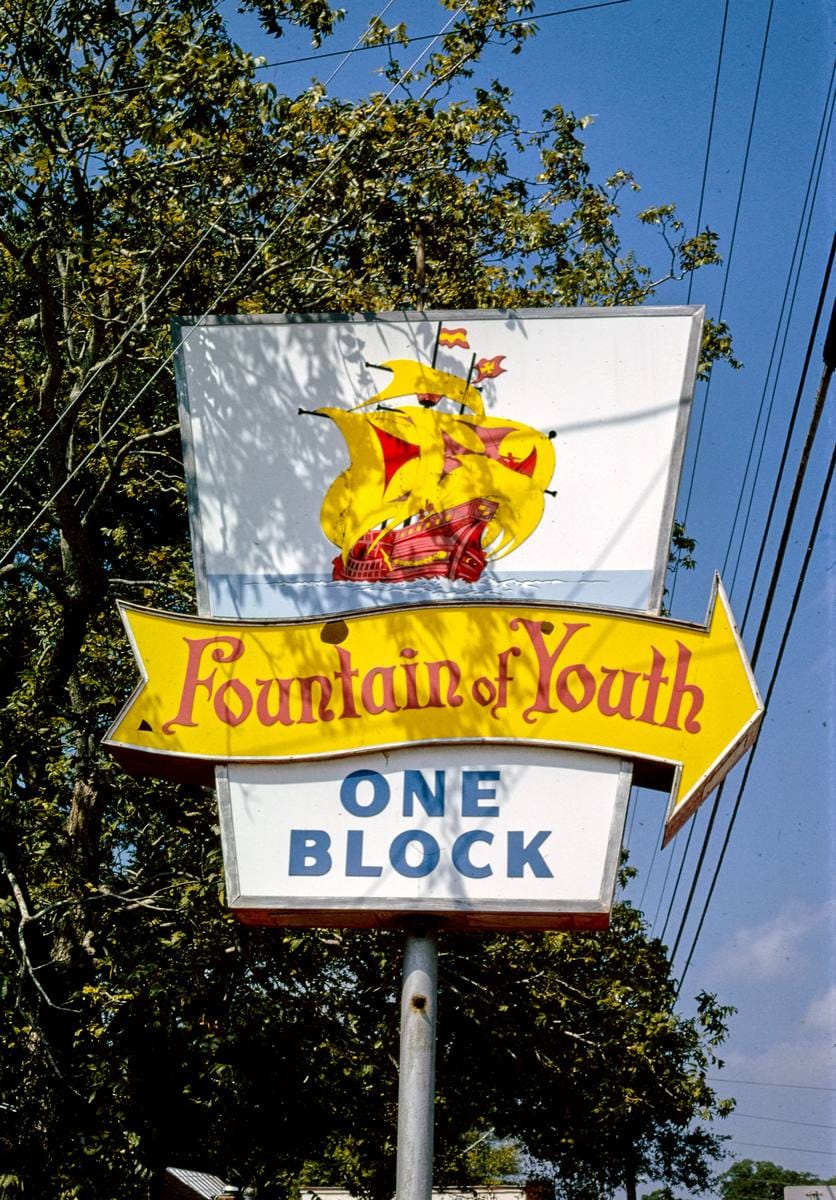 Historic Photo : 1990 Fountain of Youth sign, San Marco Avenue, St. Augustine, Florida | Margolies | Roadside America Collection | Vintage Wall Art :