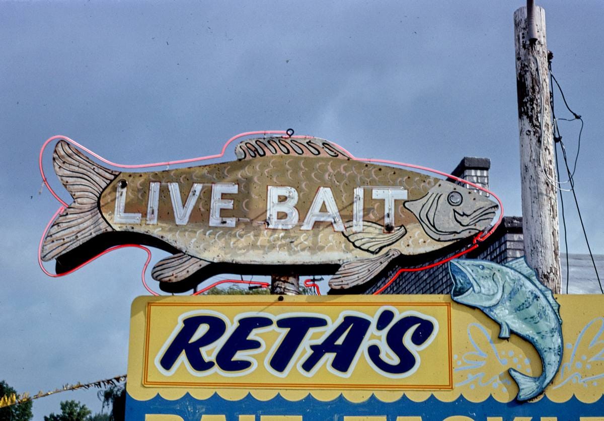 Historic Photo : 1988 Rita's Live Bait sign, Route 13, Linwood, Michigan | Margolies | Roadside America Collection | Vintage Wall Art :