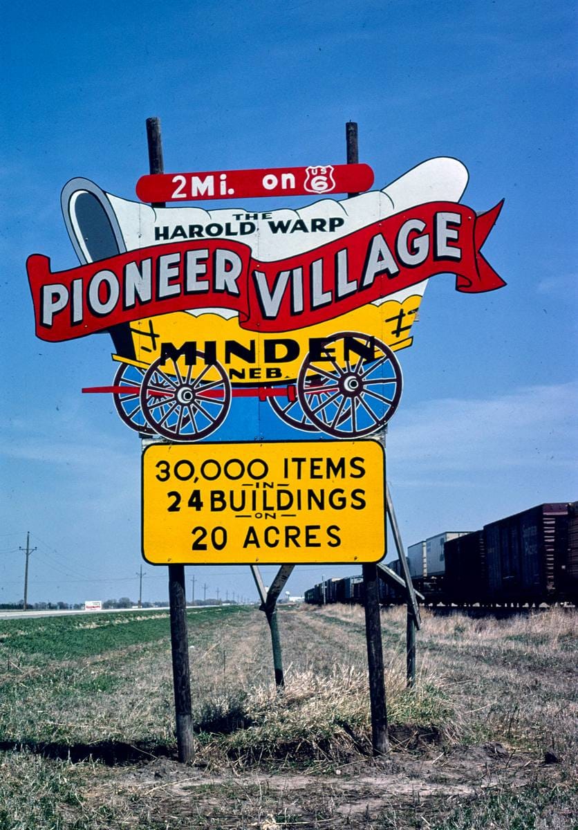 Historic Photo : 1980 Harold Warp Pioneer Village sign, Minden, Nebraska | Margolies | Roadside America Collection | Vintage Wall Art :