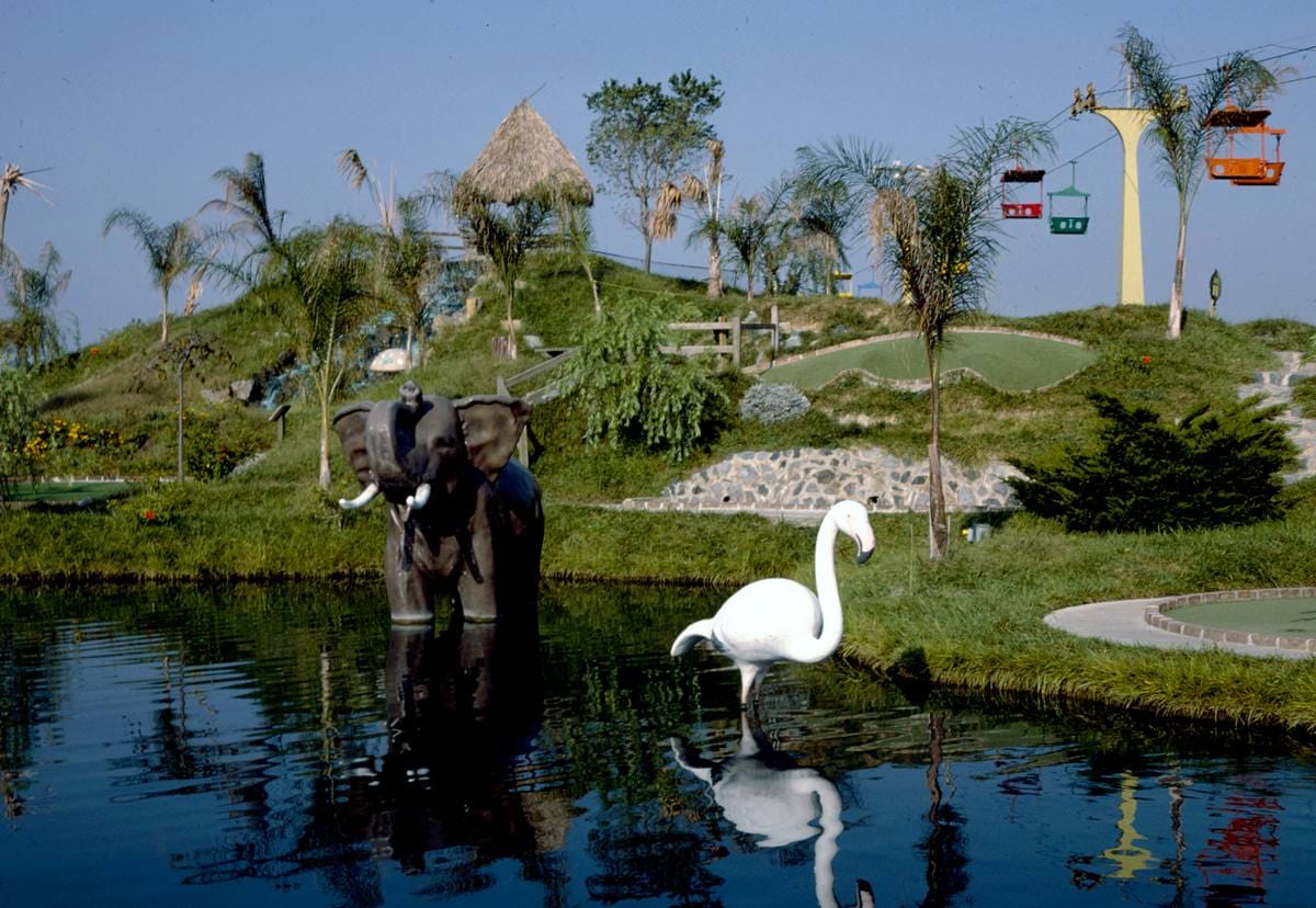 Historic Photo : 1985 Elephant and flamingo, Jungle Golf, Ocean City, Maryland | Margolies | Roadside America Collection | Vintage Wall Art :
