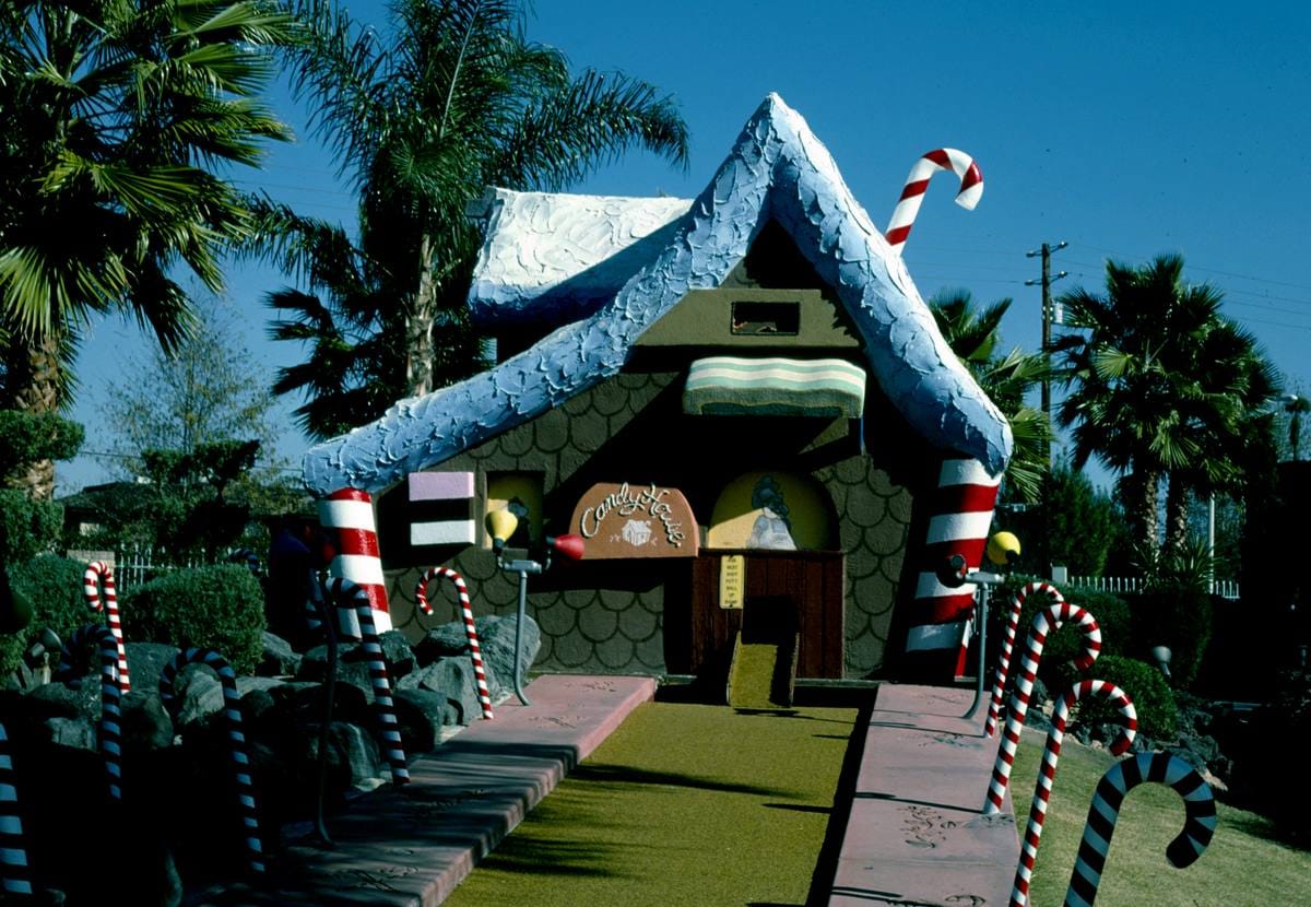 Historic Photo : 1985 Candy House, Castle Amusement Park mini golf, Polk Street, Riverside, California | Margolies | Roadside America Collection | Vintage Wall Art :
