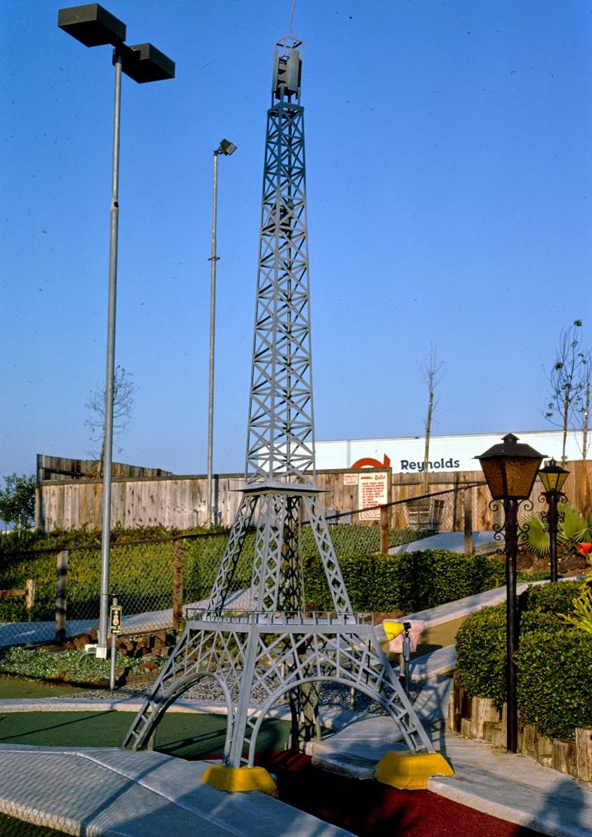 Historic Photo : 1985 Eiffel Tower, Storybook Land Golf, Clairmont Mesa Boulevard, San Diego, California | Margolies | Roadside America Collection | Vintage Wall Art :