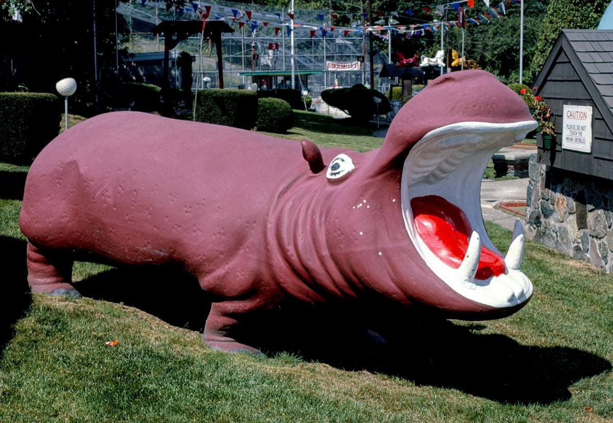 Historic Photo : 1984 Hippo statue, Route 1 mini golf, Saugus, Massachusetts | Margolies | Roadside America Collection | Vintage Wall Art :