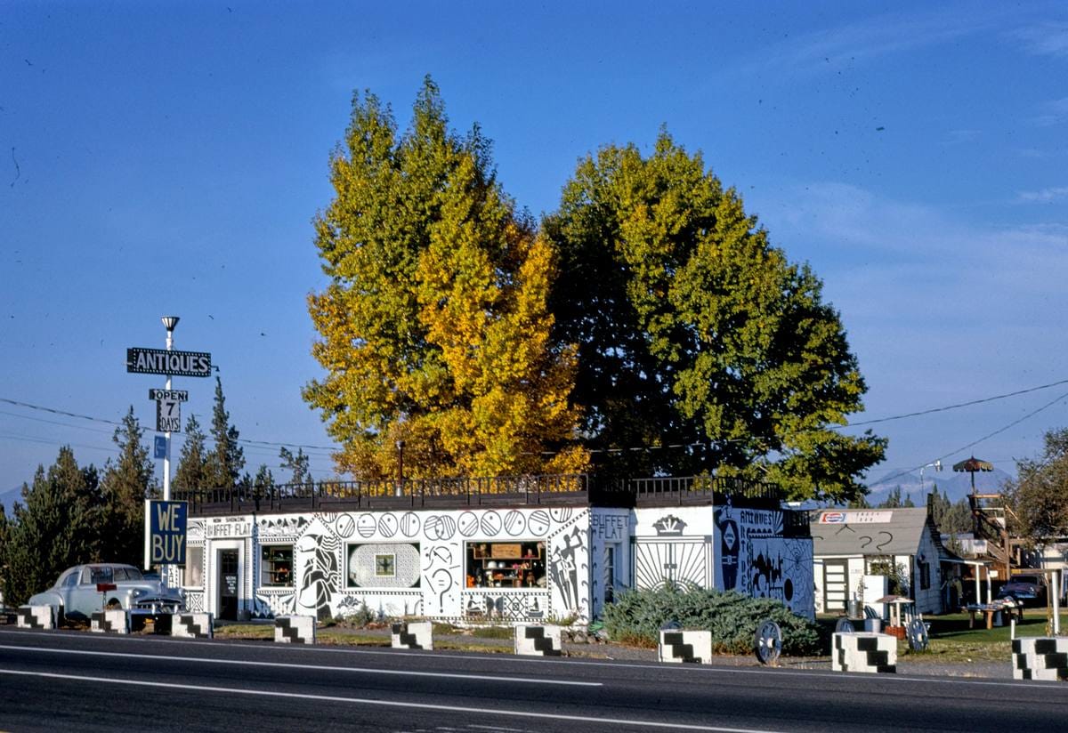 Historic Photo : 1987 Car Left, Buffet Flat Antiques, Route 97, Bend, Oregon | Margolies | Roadside America Collection | Vintage Wall Art :