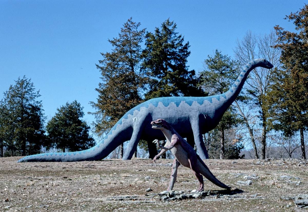 Historic Photo : 1994 Brontosaurus and friend, Dinosaur World, Eureka Springs, Arkansas | Margolies | Roadside America Collection | Vintage Wall Art :