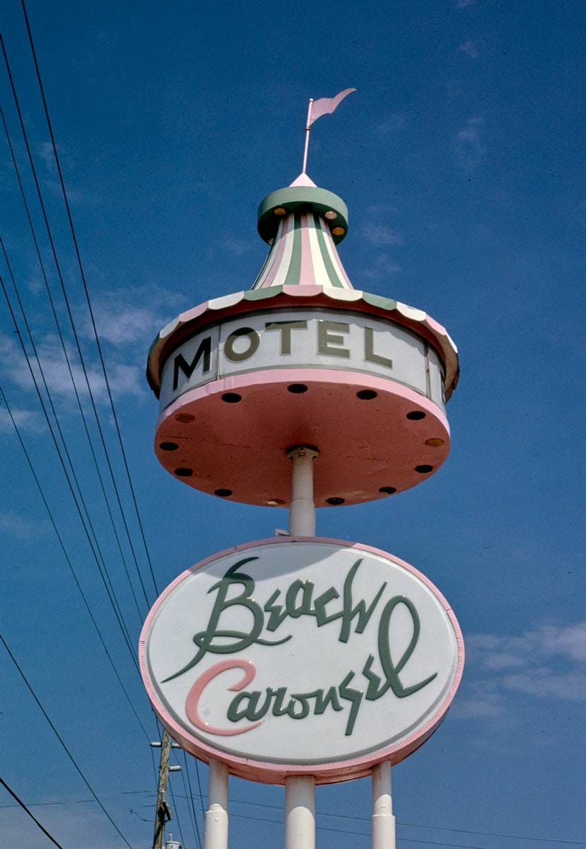 Historic Photo : 1985 Beach Carousel Motel sign, Virginia Beach, Virginia | Margolies | Roadside America Collection | Vintage Wall Art :