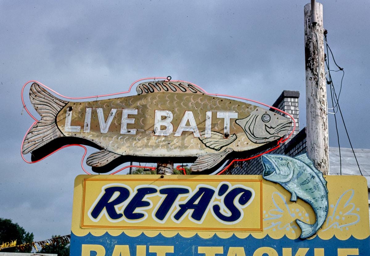 Historic Photo : 1988 Reta's Live Bait sign, Route 13, Linwood, Michigan | Margolies | Roadside America Collection | Vintage Wall Art :