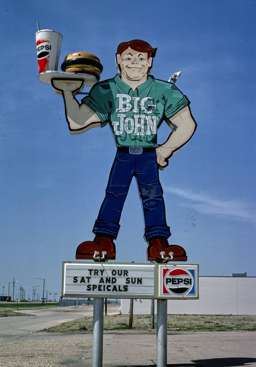 Historic Photo : 1980 Big John Restaurant sign, Grand Island, Nebraska | Margolies | Roadside America Collection | Vintage Wall Art :