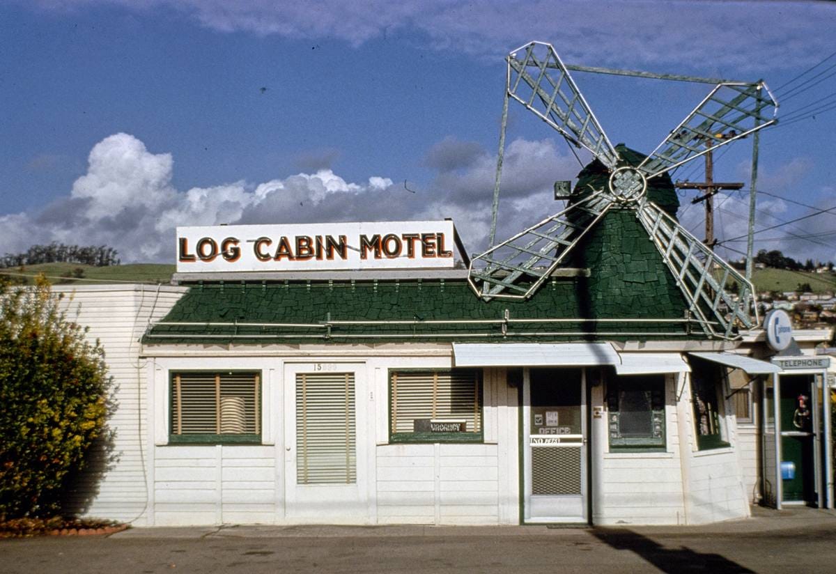 Historic Photo : 1977 Log Cabin Motel, San Leandro, California | Margolies | Roadside America Collection | Vintage Wall Art :