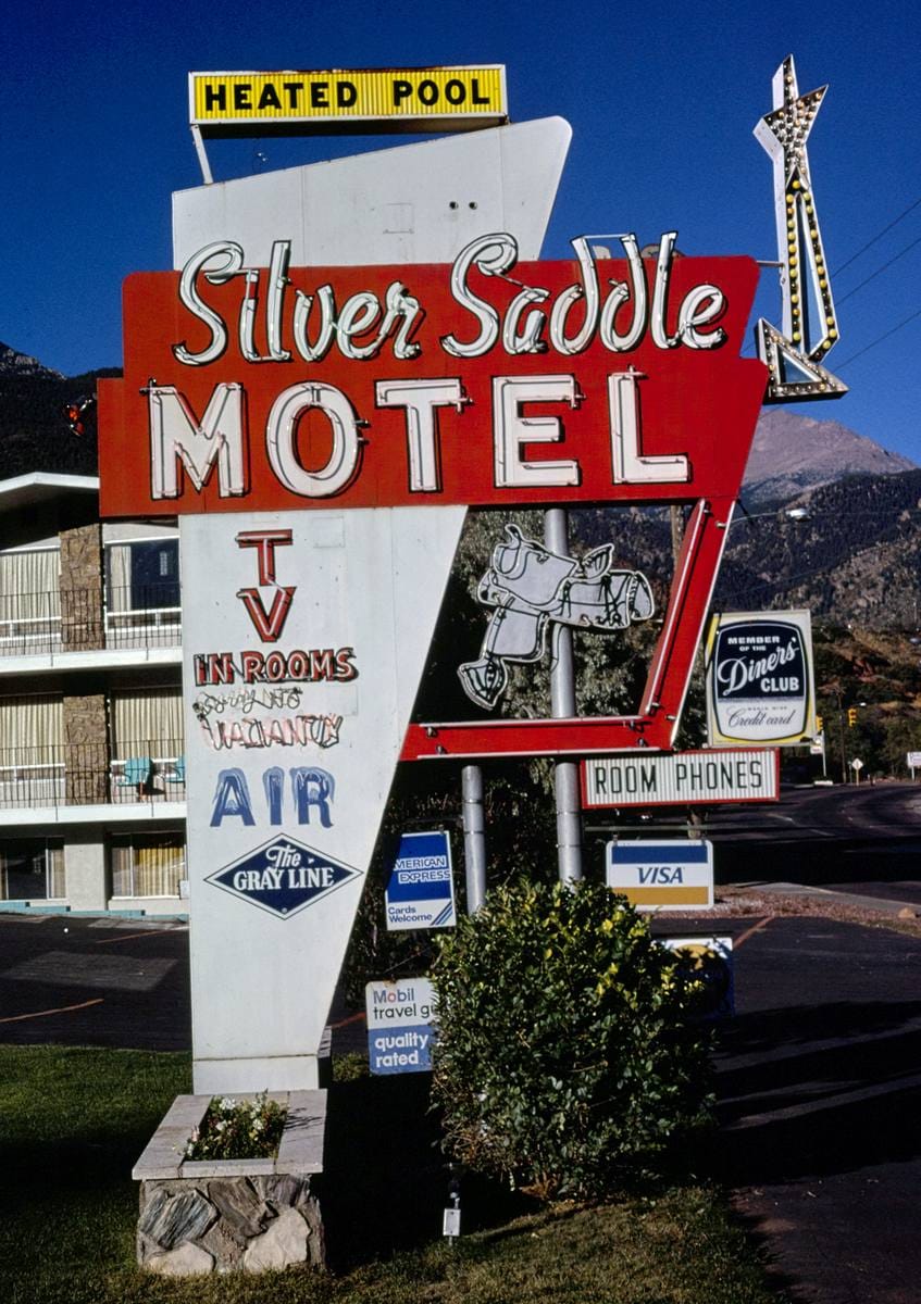 Historic Photo : 1980 Silver Saddle Motel sign, Manitou Springs, Colorado | Margolies | Roadside America Collection | Vintage Wall Art :