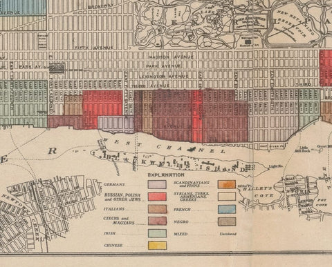 Map of the borough of Manhattan and part of the Bronx showing location and extent of racial colonies