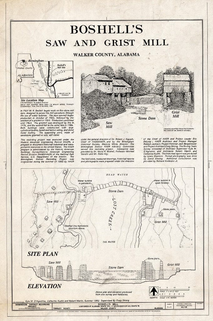 Blueprint Site Plan and Elevation - Boshell's Mill, Lost Creek at Alabama Route 124, 1.7 Miles South of Route 78, Townley, Walker County, AL