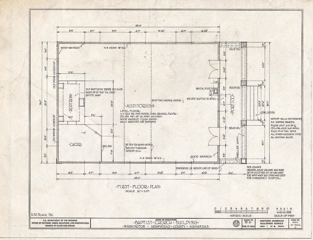 Blueprint HABS ARK,29-WASH,3- (Sheet 1 of 6) - Baptist Church, State Highway 4, Washington, Hempstead County, AR
