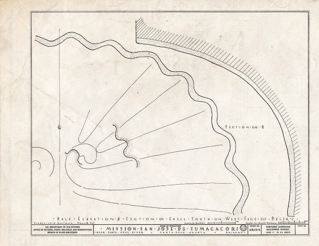 Blueprint 17. Half Elevation and Section of Shell, South on West Face ...