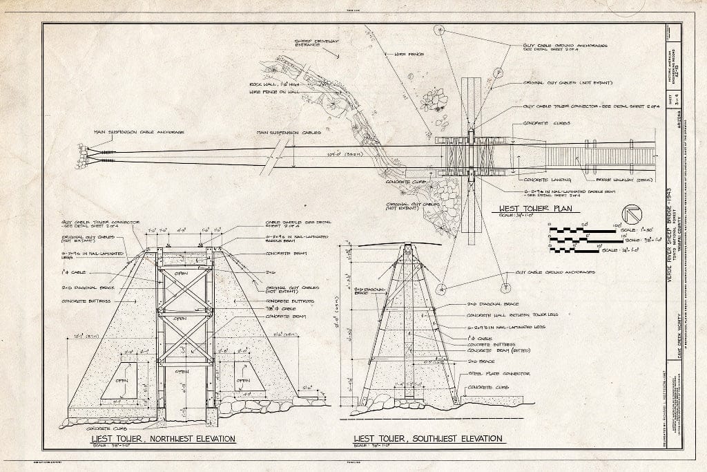 Blueprint West Tower Plan, West Tower, Northwest and Southwest Elevations - Verde River Sheep Bridge, Spanning Verde River (Tonto National Forest), Cave Creek, Maricopa County, AZ