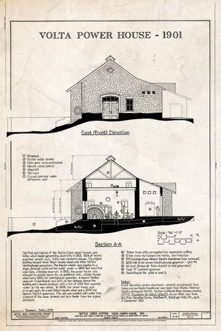 Blueprint Volta Powerhouse: East (Front Elevation), Section A-A - Battle Creek Hydroelectric System, Battle Creek & Tributaries, Red Bluff, Tehama County, CA