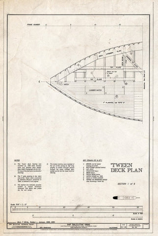 Blueprint Tween Deck Plan, Section 1 of 5 - Ship BALCLUTHA, 2905 Hyde Street Pier, San Francisco, San Francisco County, CA
