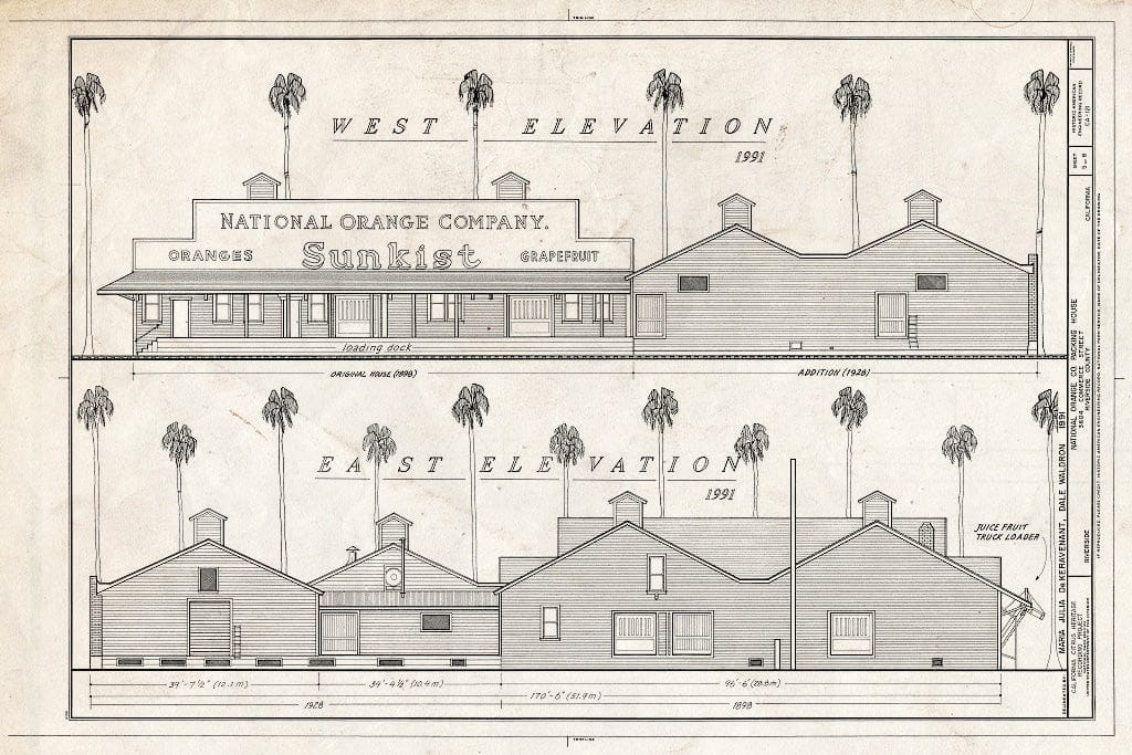 Blueprint West Elevation, East Elevation - National Orange Company Packing House, 3604 Commerce Street, Riverside, Riverside County, CA