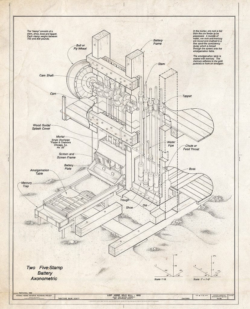 Blueprint Two Five-Stamp Battery Axonometric - Lost Horse Gold Mill, T ...