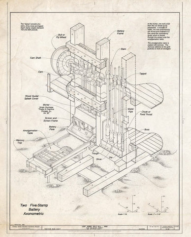Blueprint Two Five-Stamp Battery Axonometric - Lost Horse Gold Mill, Twentynine Palms, San Bernardino County, CA