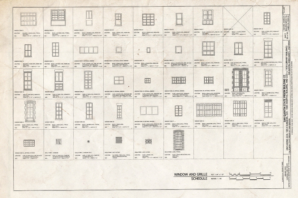 Blueprint Window and Grille Schedule - San Quentin State Prison, Building 22, Point San Quentin, San Quentin, Marin County, CA