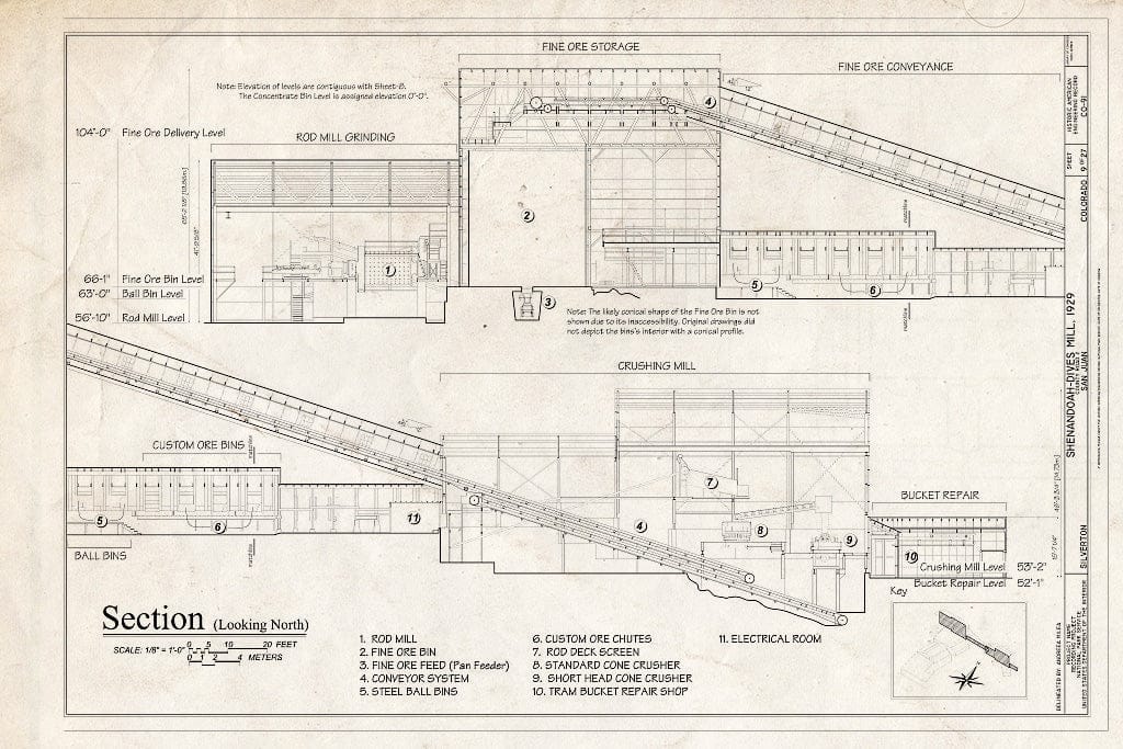 Blueprint 9. Long Section Looking North - Shenandoah-Dives Mill, 135 County Road 2, Silverton, San Juan County, CO