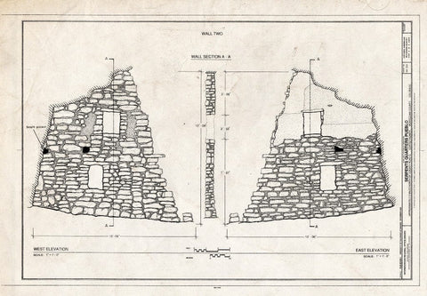 Blueprint Wall Two, West and East Elevations and Section - Serpents Quarters Pueblo, Approximately 2 Miles North of County Road G, Cortez, Montezuma County, CO