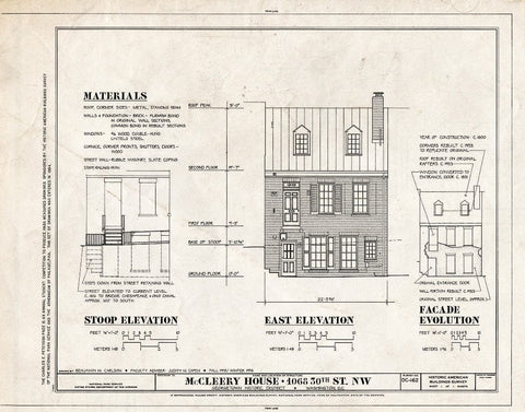 Blueprint Stoop Elevation, East Elevation & Facade Elevation - McCleery House, 1068 Thirtieth Street Northwest, Washington, District of Columbia, DC
