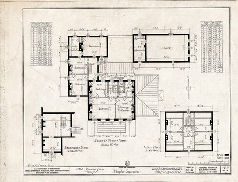 Blueprint 2. Second Floor, Basement, and attic Plans; Door and Window schedules - The Maples, 630 South Carolina Avenue Southeast, Washington, District of Columbia, DC