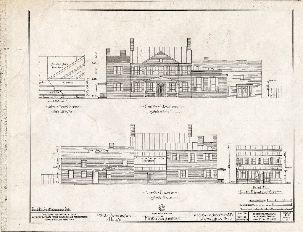 Blueprint 3. North and South elevations; Main Cornice and Court Elevation Details - The Maples, 630 South Carolina Avenue Southeast, Washington, District of Columbia, DC