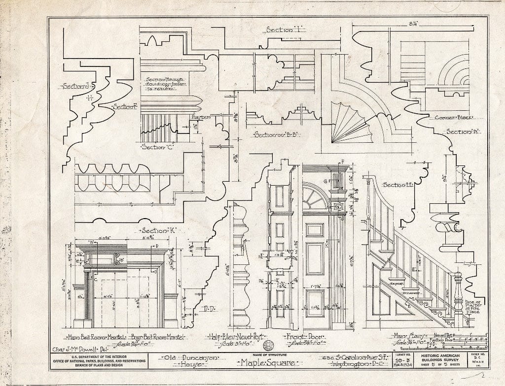 Blueprint 5. Mantels, Newel Post, Front Door, and Main Stair Details - The Maples, 630 South Carolina Avenue Southeast, Washington, District of Columbia, DC
